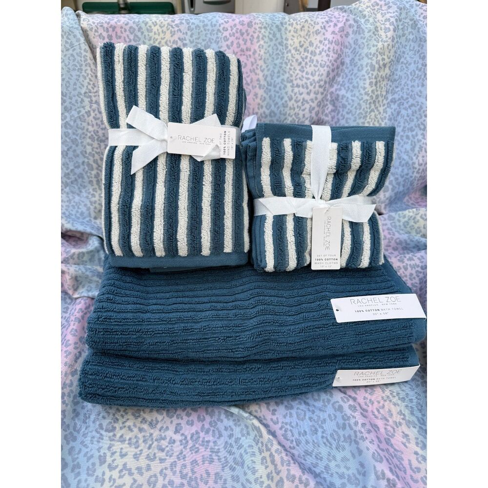 Rachel Zoe Teal Blue Towel Set 8 Pc 100% Cotton Bath Hand Washcloth NWT